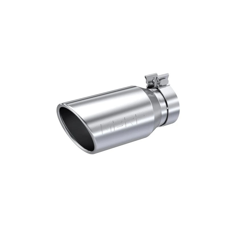Polished MBRP T304 stainless steel exhaust tip with 4.5-inch angled cut rolled end and embossed logo.