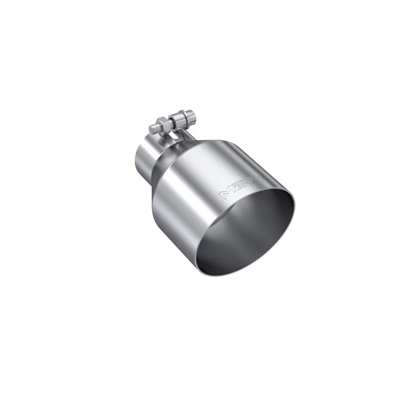 Mirror polished T304 stainless steel exhaust tip with 2.5-inch inlet and 4.5-inch angle-cut outlet