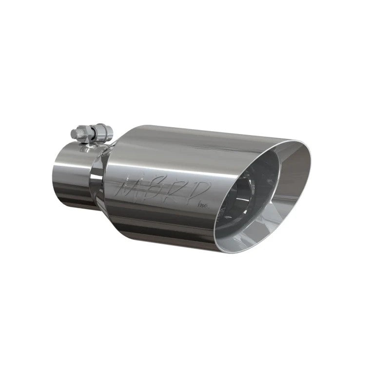 Polished MBRP T304 stainless steel dual-walled exhaust tip with an angled rolled end and bolt-on clamp.
