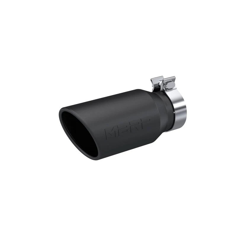 Black MBRP universal exhaust tip with 4.5-inch angled cut rolled end and embossed logo