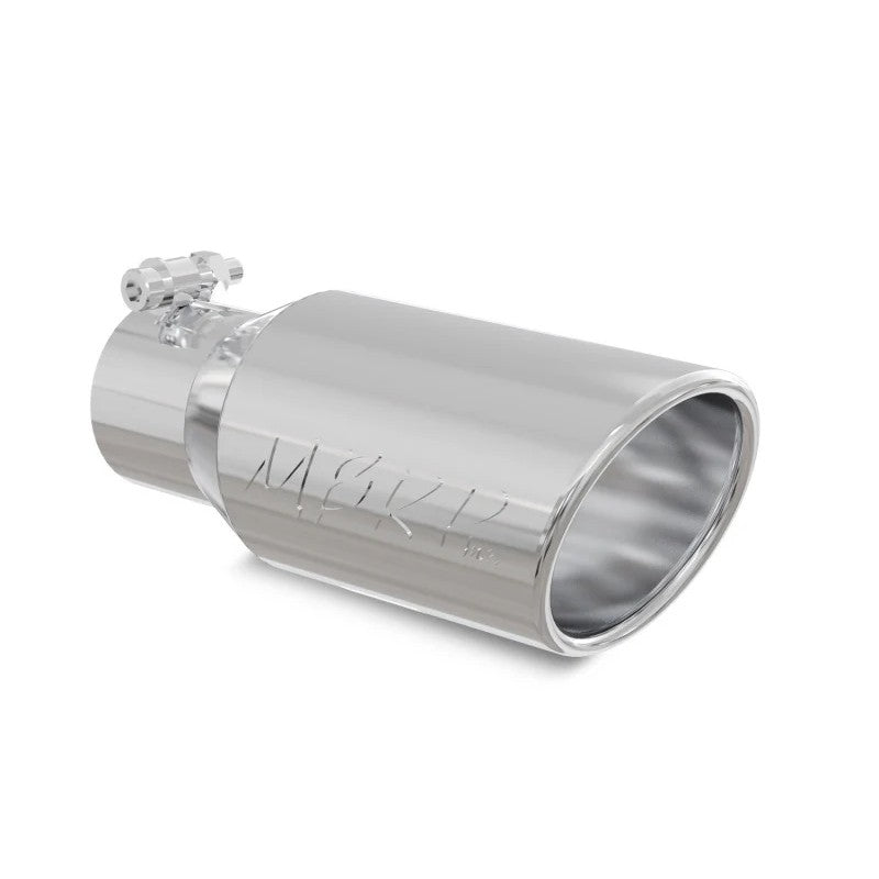 MBRP T304 stainless steel exhaust tip with 4 inch angled rolled outlet and 2.75 inch inlet.