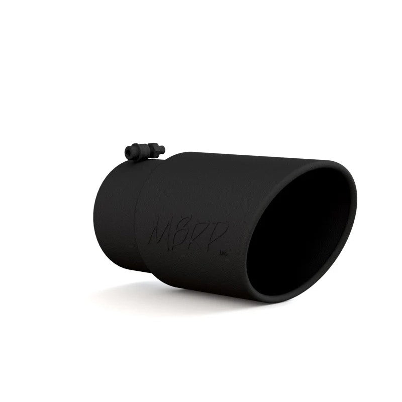 MBRP black T304 stainless steel exhaust tip featuring a 5-inch inlet, 6-inch angled rolled outlet, and 12-inch length.