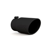 MBRP black T304 stainless steel exhaust tip featuring a 5-inch inlet, 6-inch angled rolled outlet, and 12-inch length.