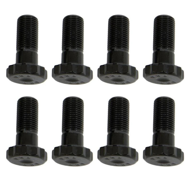Set of eight McLeod 1568 10mm high-strength Grade 8 steel flywheel bolts for Dodge and Ford performance applications.