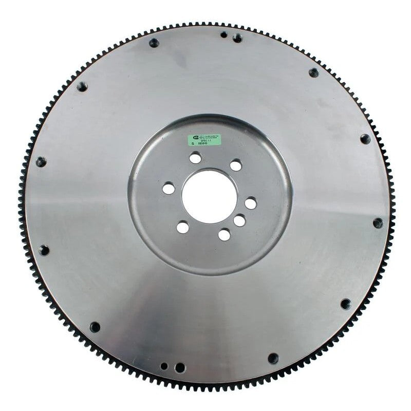 McLeod billet steel flywheel featuring a CNC-machined surface and a 1045 hardened steel ring gear for GM LQ4 conversions.