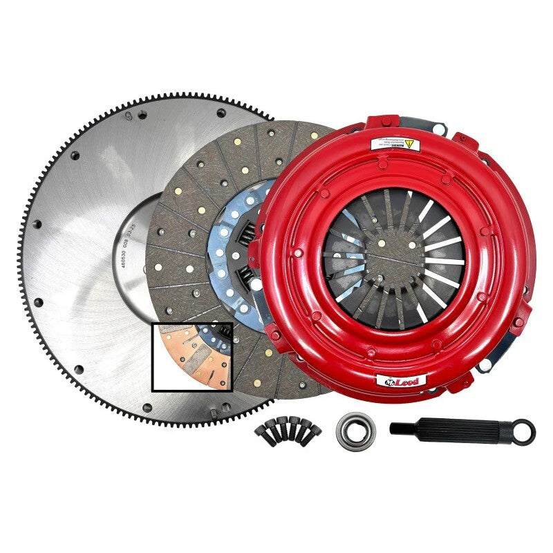 McLeod Super Street Pro clutch kit 75223 showing high-clamp pressure plate, dual-face disc, and installation tool.