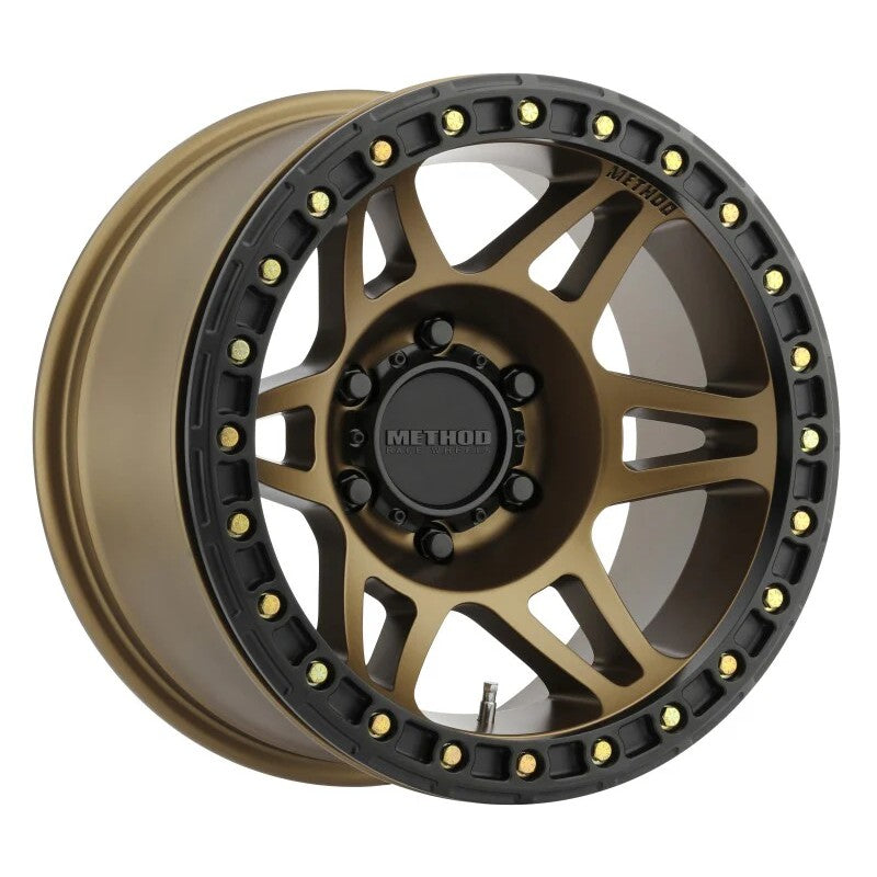Method MR106 Beadlock 17x9 wheel in Method Bronze with forged aluminum ring and 6-window spoke design