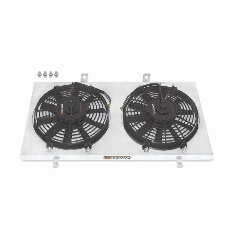 Mishimoto brushed aluminum fan shroud kit with dual electric fans and mounting hardware for 2001-2005 Dodge Neon.