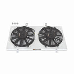 Mishimoto brushed aluminum radiator fan shroud kit for 2002-2006 Acura RSX with dual fans and wiring connectors.