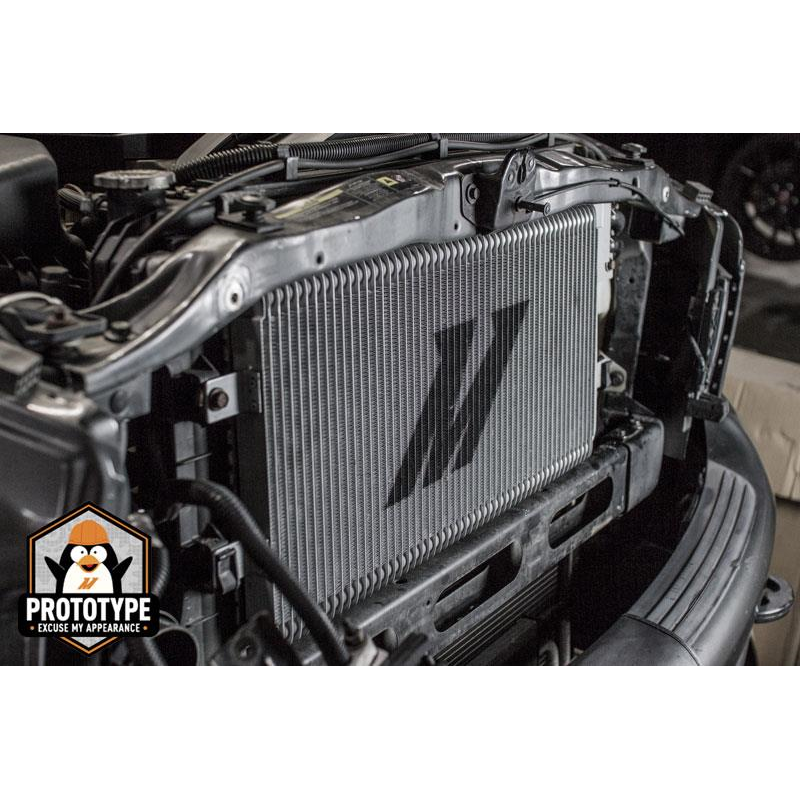 Mishimoto heavy-duty stacked plate transmission cooler for 2003-2009 Dodge Ram 5.9L and 6.7L Cummins diesel trucks.