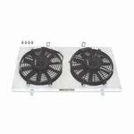 Brushed aluminum Mishimoto fan shroud kit with dual 12-inch slim fans and factory-style electrical connectors.