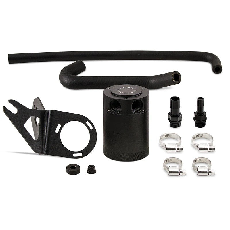 Black Mishimoto baffled oil catch can with pre-molded PCV hoses and mounting bracket for Kia Stinger GT