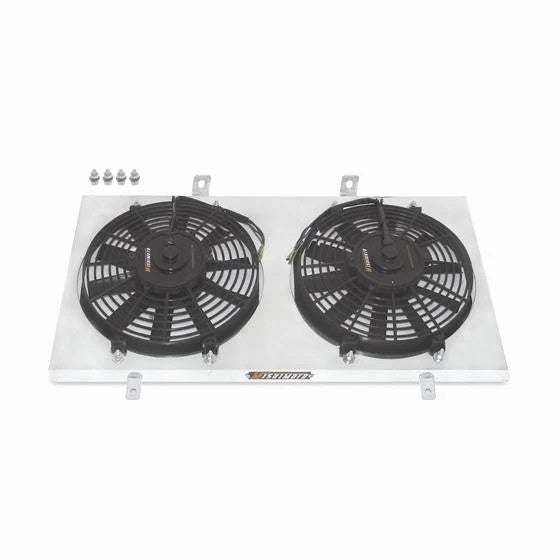 Mishimoto aluminum fan shroud with dual 12-inch electric fans for 1986-1992 Toyota Supra.