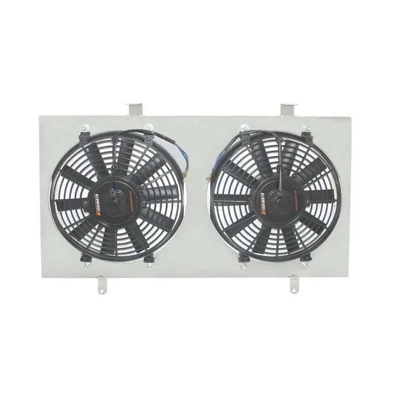 Mishimoto silver aluminum fan shroud with dual 12-inch electric fans for 1989-1994 Nissan 240SX