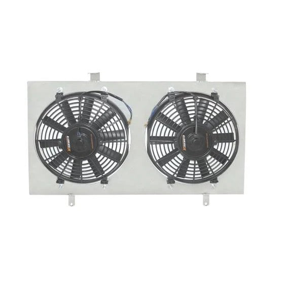 Mishimoto brushed aluminum dual fan shroud kit with two electric fans for 1995-1999 Dodge Neon