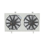 Brushed aluminum Mishimoto fan shroud with two 12-inch slim electric fans and mounting hardware for 1999-2005 Mazda Miata.