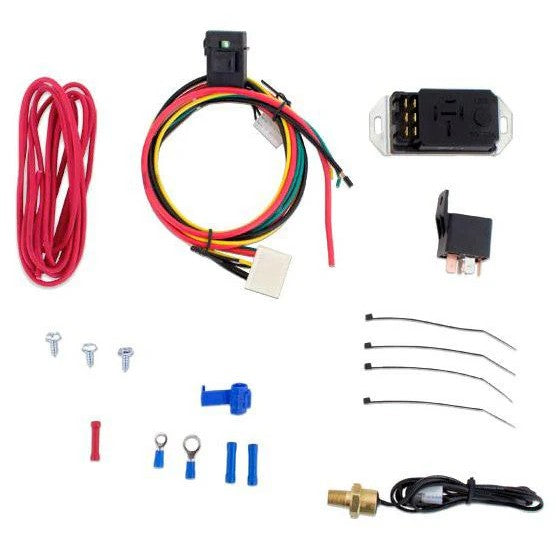 Mishimoto adjustable fan controller kit featuring 1/8 inch NPT temperature sensor, relay, and wiring harness.