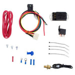 Mishimoto adjustable fan controller kit featuring 1/8 inch NPT temperature sensor, relay, and wiring harness.