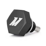 Black Mishimoto M12 x 1.25 magnetic oil drain plug made of 6061 aluminum with a neodymium magnet and Dowty seal.