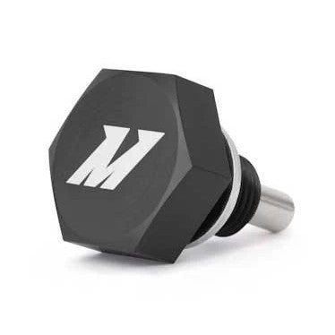Black Mishimoto M12 x 1.25 magnetic oil drain plug made of 6061 aluminum with a neodymium magnet and Dowty seal.