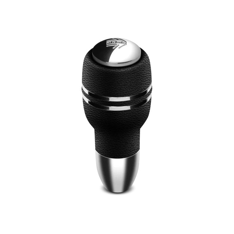 Momo Automatico shift knob featuring black leather wrapping, a polished chrome top insert, and an integrated trigger button.