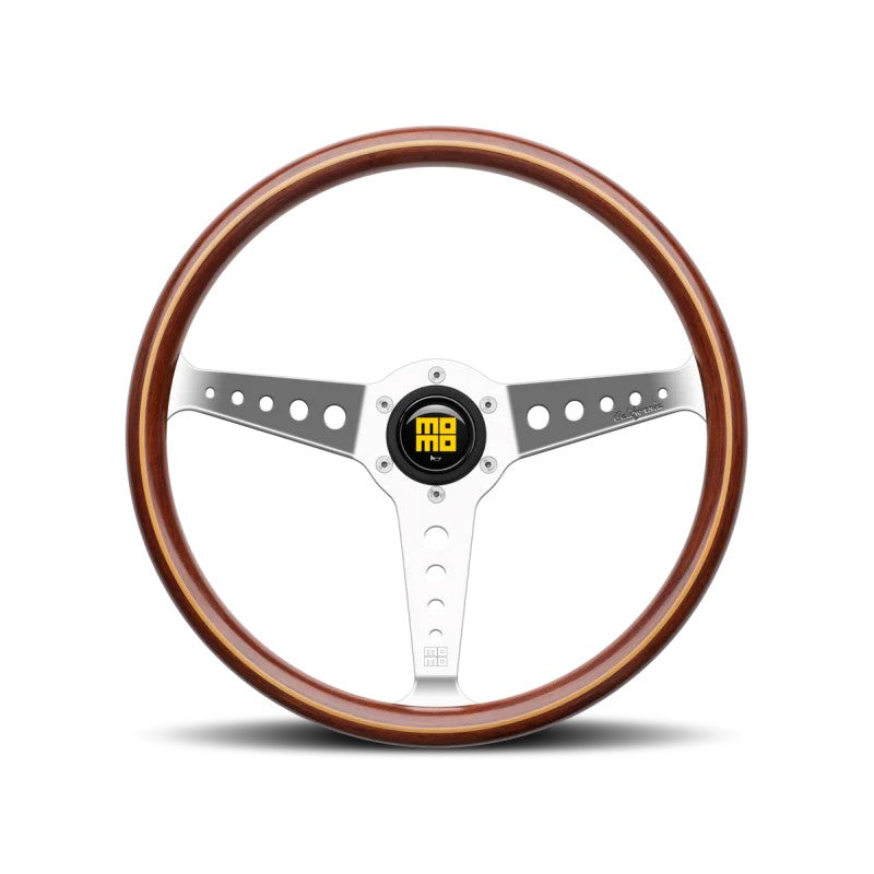 Momo California 360mm steering wheel featuring a mahogany wood rim and three polished aluminum spokes.