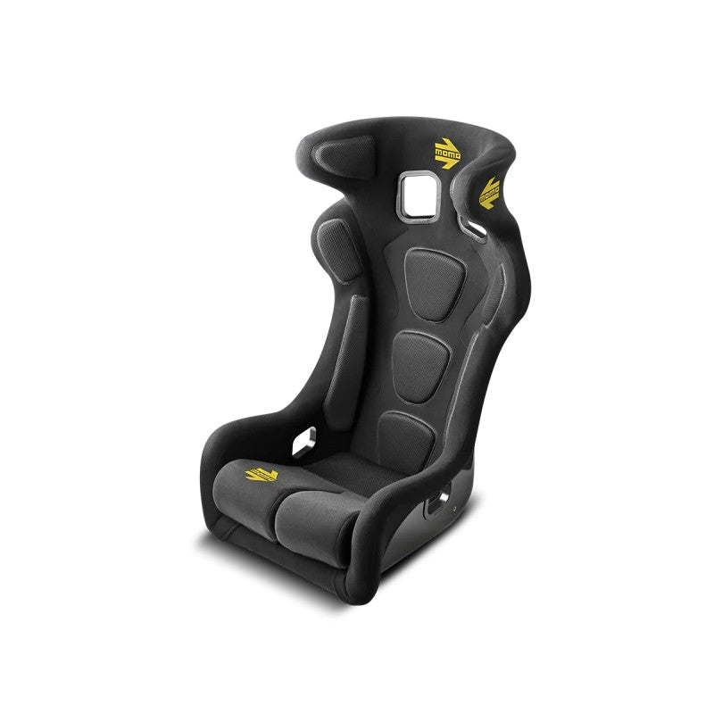 Momo Daytona Evo black hardshell racing seat with integrated side head bolsters and FIA 8855-1999 certification label.