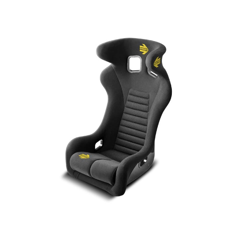 Black Momo Daytona XXL hardshell racing seat with FIA 8855-1999 certification and harness pass-throughs.