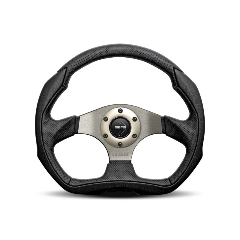 Momo Eagle 350mm steering wheel with black leather grip and anthracite aluminum spokes.