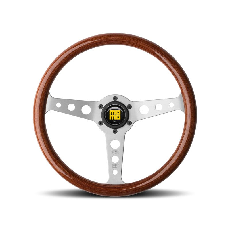 Momo Indy 350mm steering wheel with mahogany wood rim and brushed silver aluminum spokes.