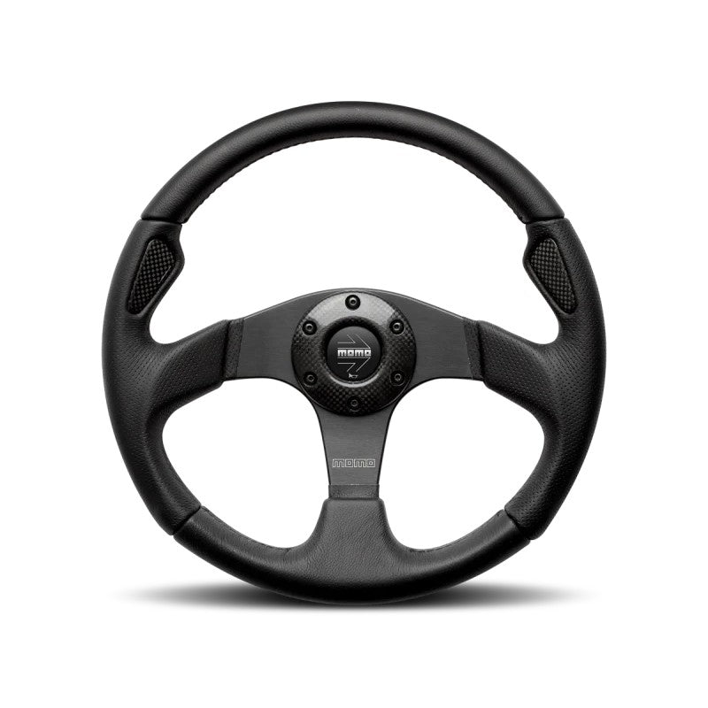 Momo Jet 350mm steering wheel featuring black AirLeather grip and black three-spoke center with Momo horn button.