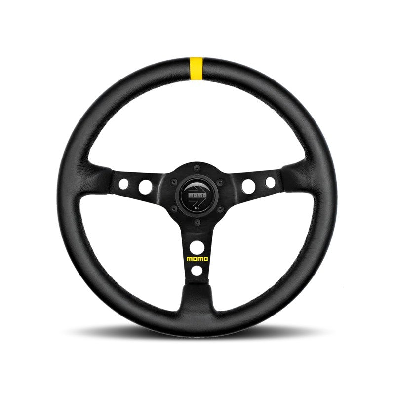 Momo MOD07 350mm deep dish steering wheel in black leather with black spokes and top centering stripe.