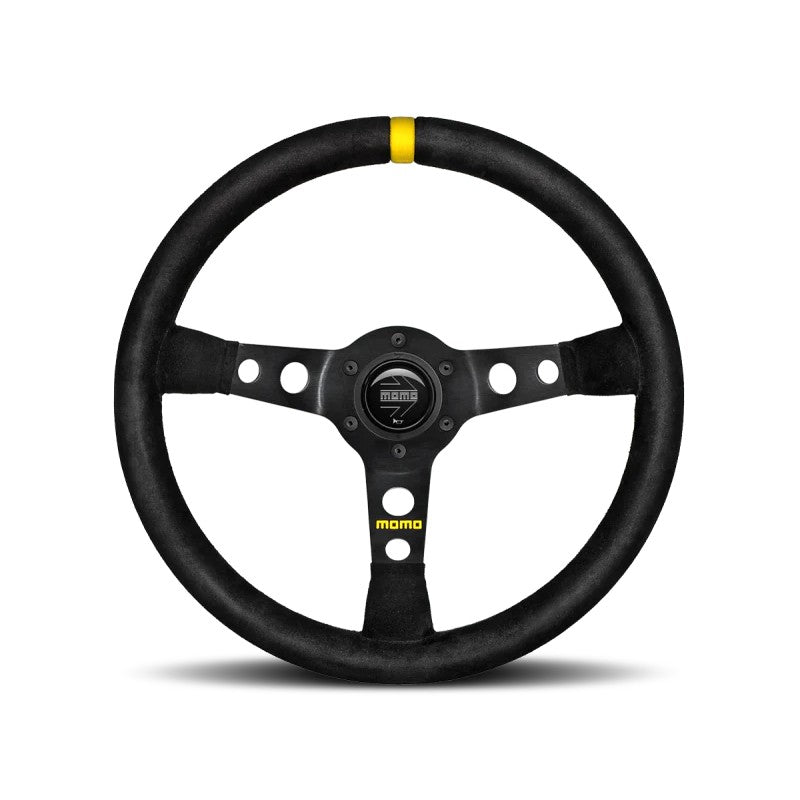 Momo MOD07 350mm steering wheel featuring a black suede rim, black aluminum spokes, and one top center stripe.