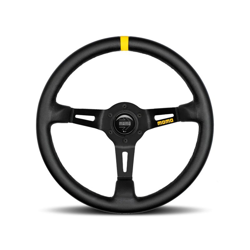 Momo MOD. 08 350mm steering wheel with black leather grip, three black spokes, and a single center stripe.
