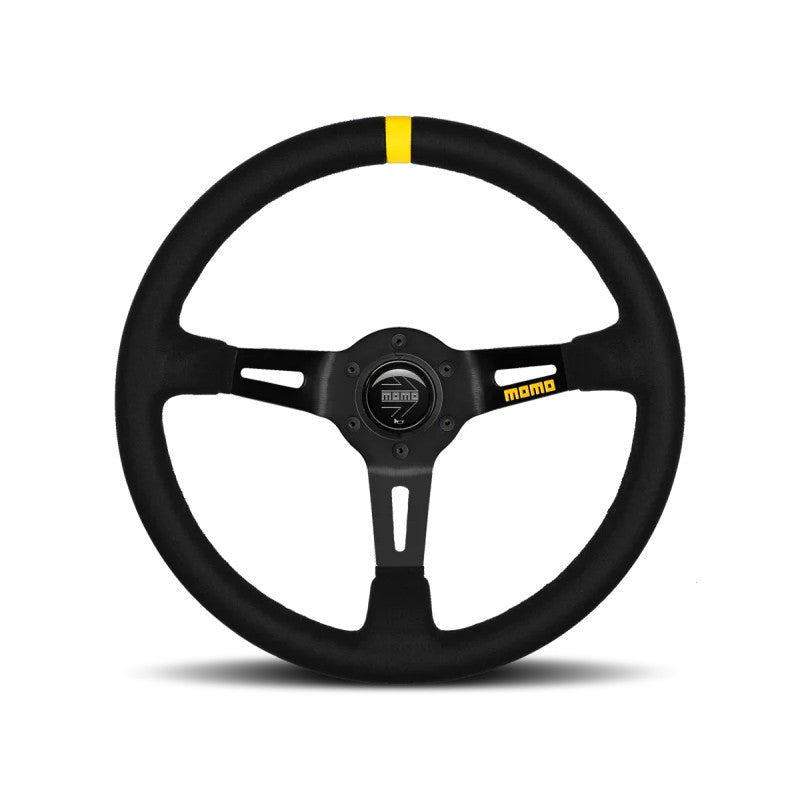 Momo MOD.08 350mm deep dish steering wheel with black suede grip, black spokes, and a centering stripe.