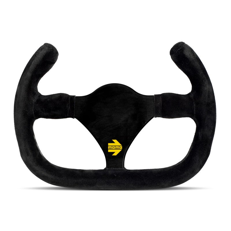 Momo MOD27/C 270mm formula racing steering wheel with black suede grip and cut-top rim design.