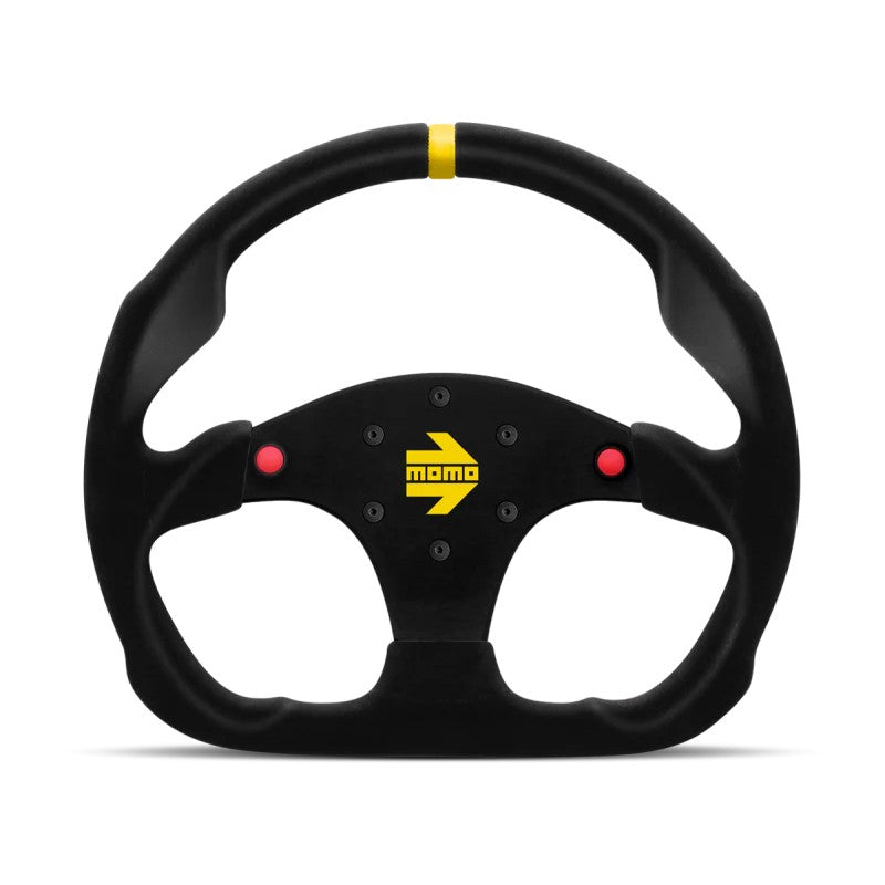 Momo MOD30 320mm flat-bottom steering wheel in black suede with dual integrated buttons and a yellow stripe.