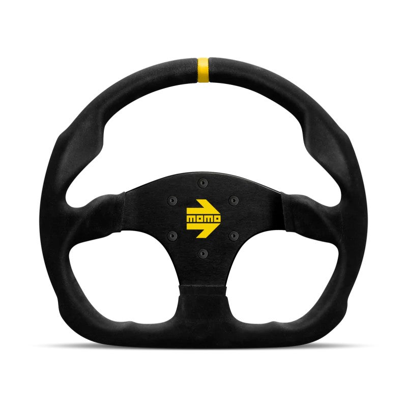 Momo MOD.30 steering wheel with 320mm black suede rim, black spokes, and a single center stripe.