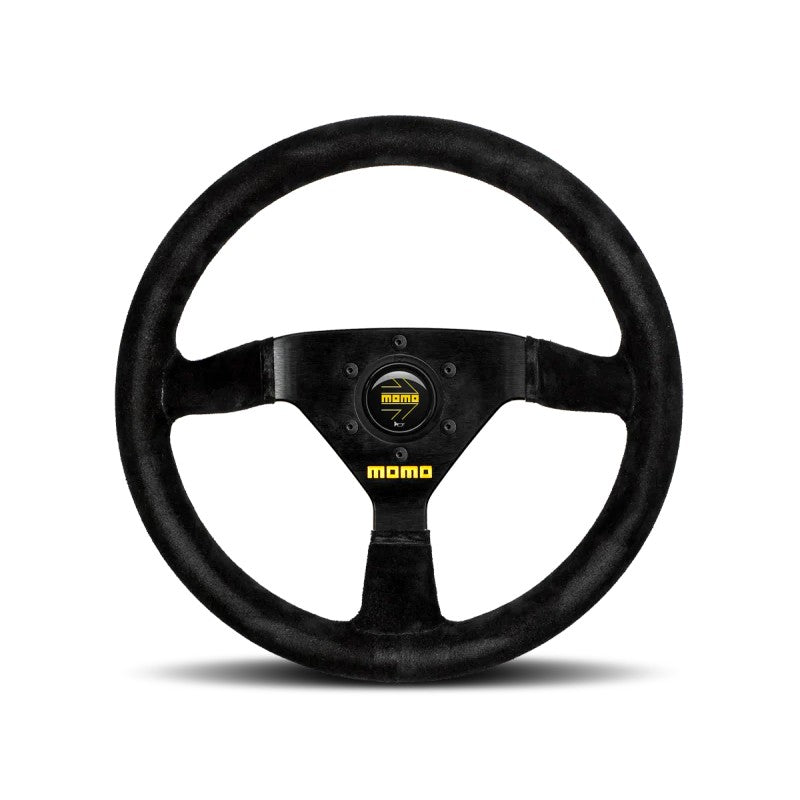 Momo MOD69 350mm steering wheel featuring a black suede grip and three black aluminum spokes