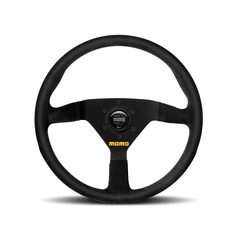 Momo MOD78 320mm steering wheel featuring black suede rim and black anodized three-spoke center.