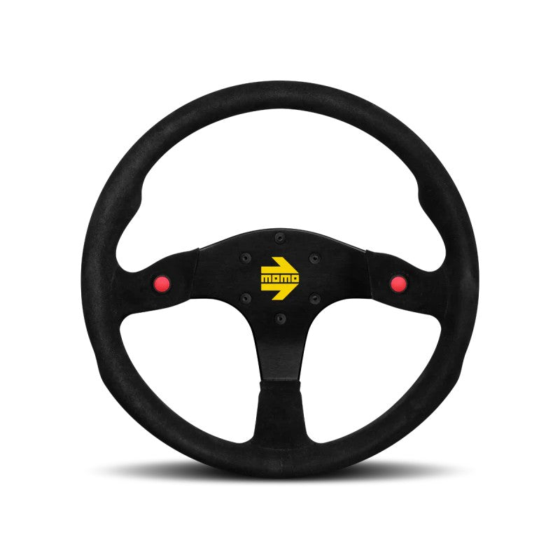 Momo MOD80 350mm racing steering wheel with black suede grip and black anodized three-spoke center.