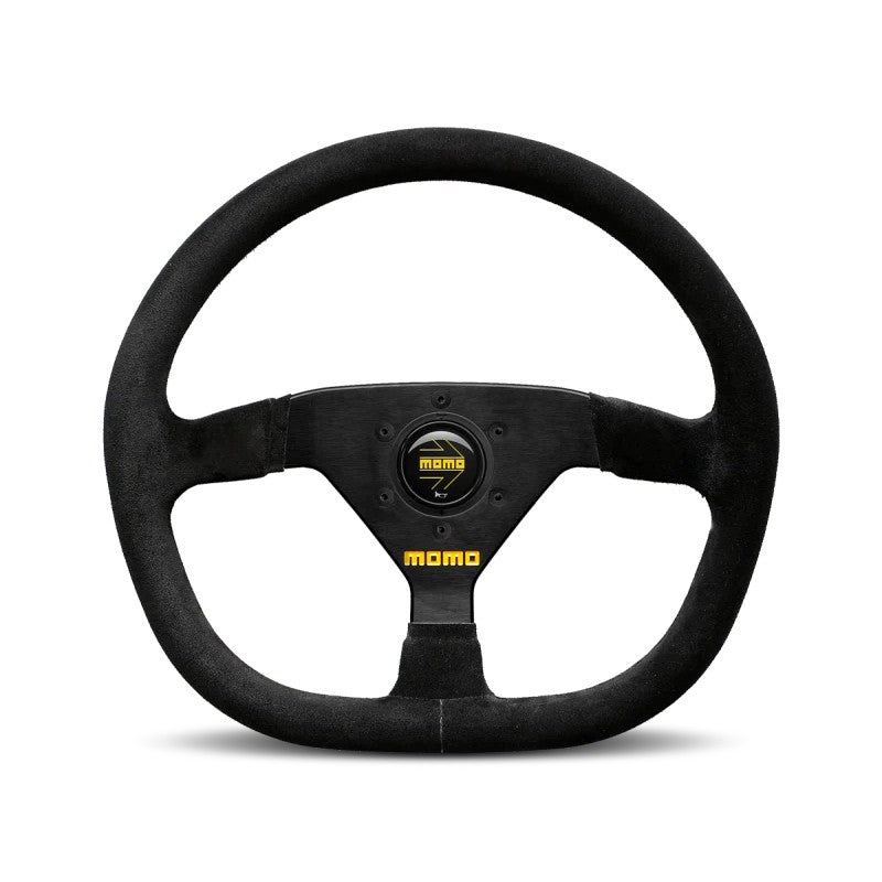 Momo MOD88 350mm steering wheel featuring a black suede rim and black three-spoke center with Momo logo.