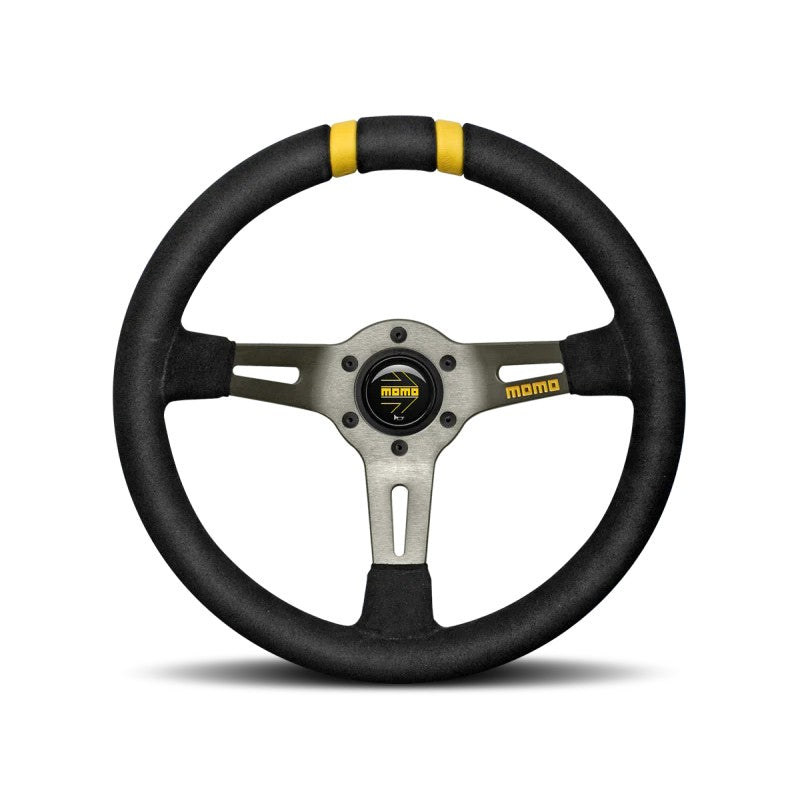 Momo MODDRIFT 330mm steering wheel with black suede grip, anthracite spokes, and dual centering stripes.