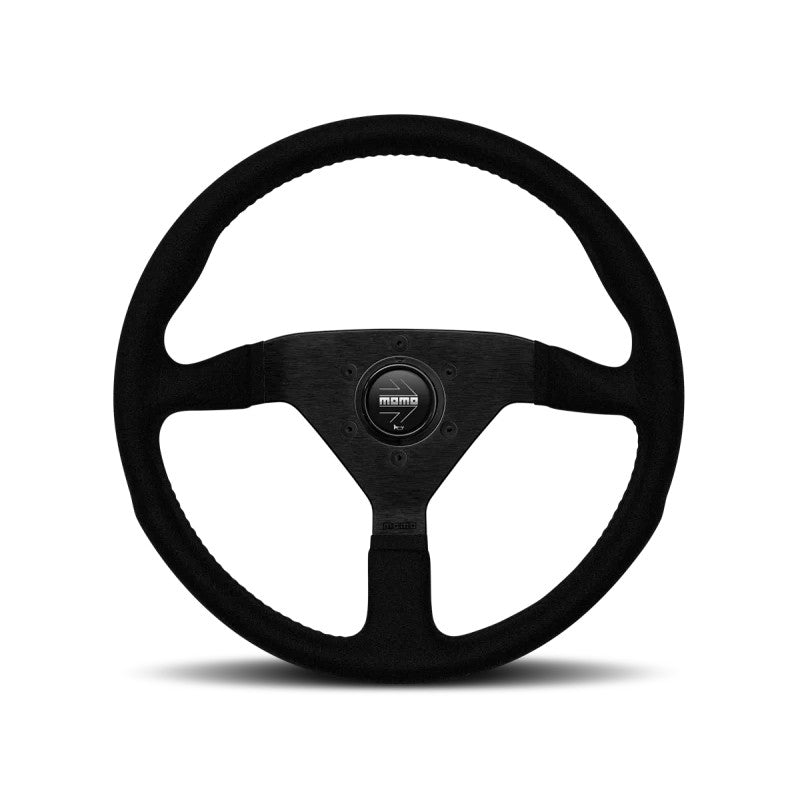 Momo Montecarlo 320mm steering wheel with black Alcantara grip, black anodized spokes, and black stitching.