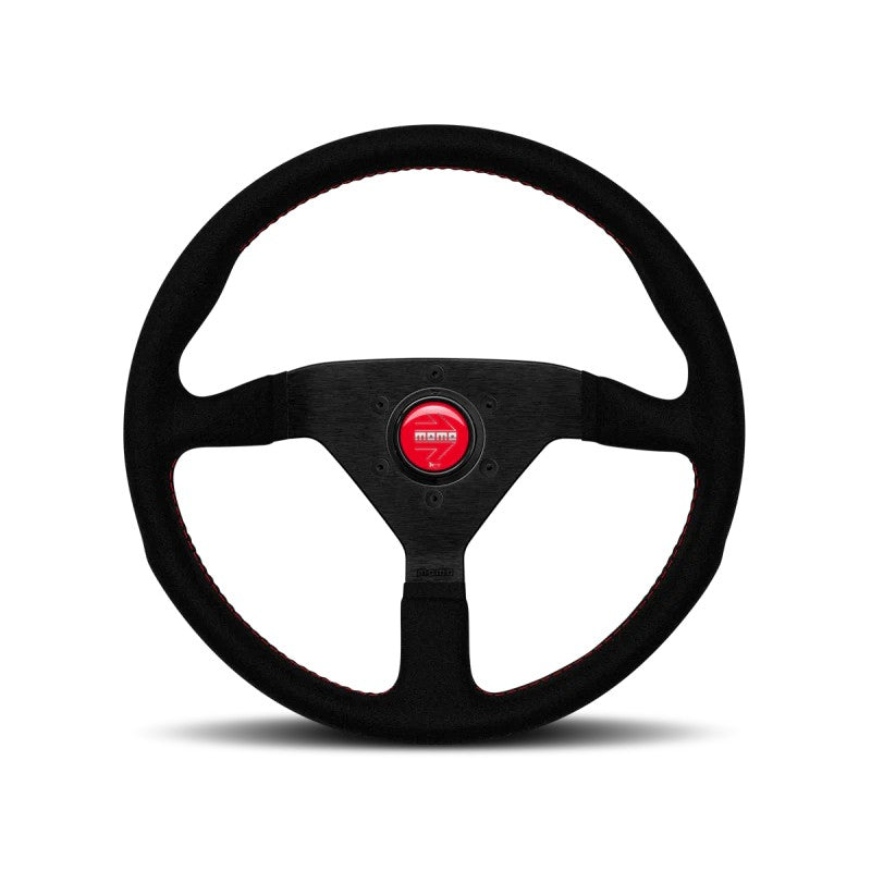 Momo Montecarlo 320mm steering wheel featuring black Alcantara grip, red stitching, and black anodized spokes.