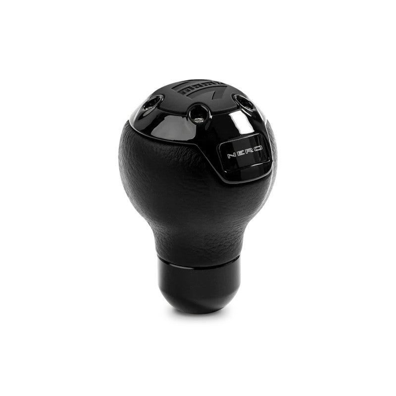 Momo Nero Tall shift knob in black leather with a black chrome insert and top logo.