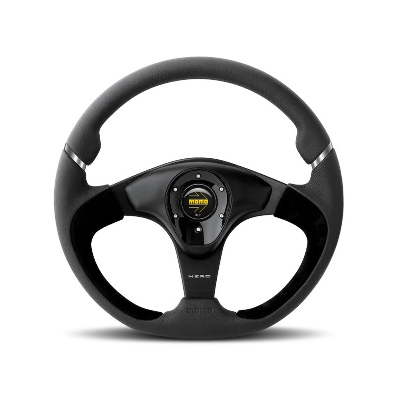 Momo Nero 350mm steering wheel with mixed black leather and suede grip, black spokes, and Momo horn button.