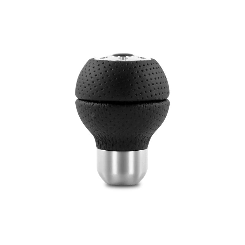 Momo Race series shift knob featuring black perforated Airleather wrap and a machined silver aluminum top insert.