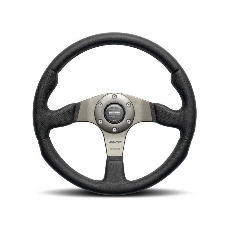 Momo Race 350mm steering wheel with black leather grip and anthracite gray three-spoke center