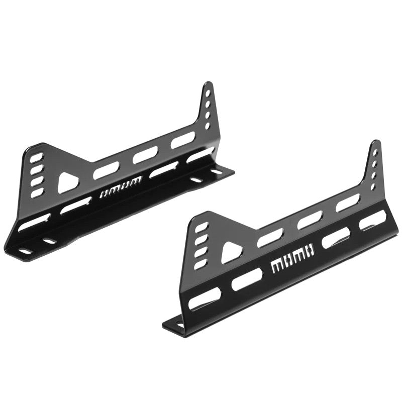 A pair of black steel MOMO side mount brackets with multiple adjustment holes for racing seat installation.